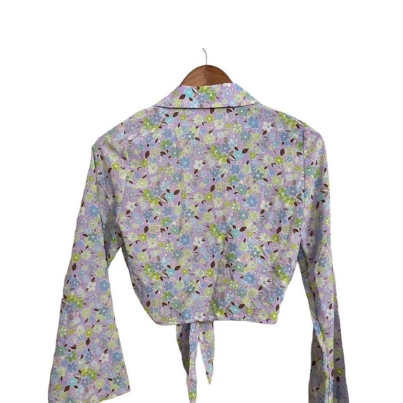 Y2K crop top tie waist floral button down shirt long bell sleeve blouse womens S - Picture 2 of 12